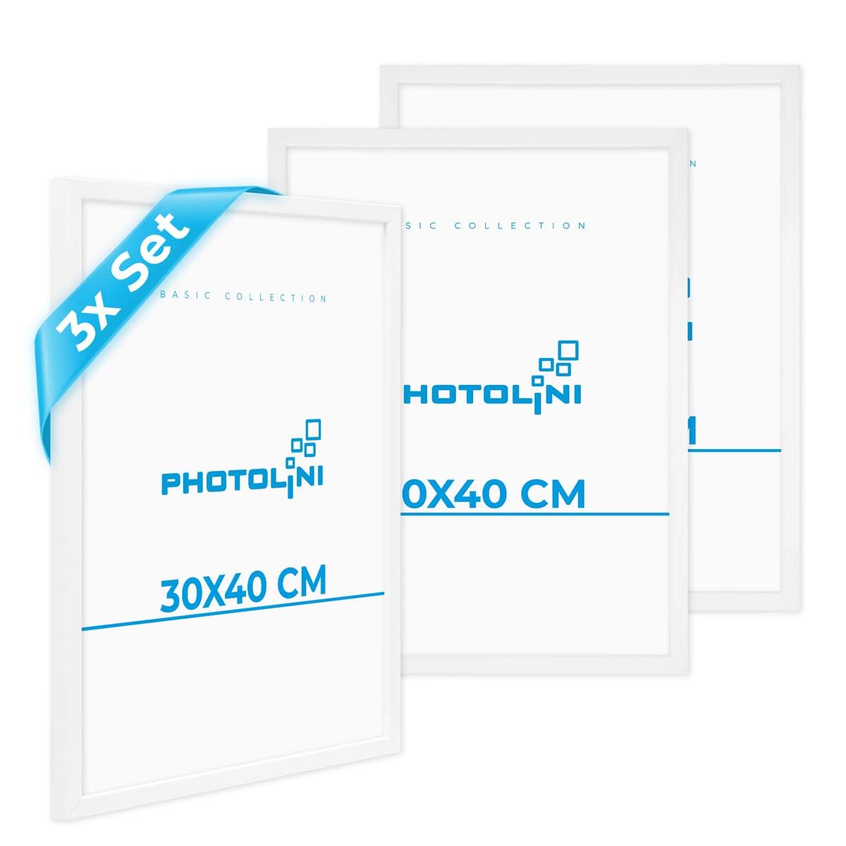 PHOTOLINI Marcos 30x40 cm blanco madera MDF, set de 3 marcos para pósteres, cristal acrílico, para colgar, incluye accesorios - para fotos, láminas y pósteres
