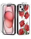Sholbrak [3 in 1 Designed for iPhone 15 Case Red Rose Flower Floral Protective Phone Case Cover 6.1