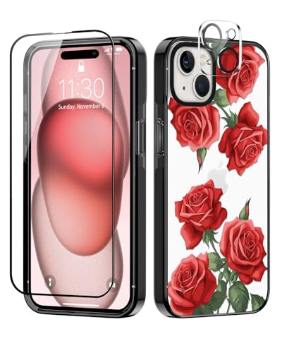 Sholbrak [3 in 1 Designed for iPhone 15 Case Red Rose Flower Floral Protective Phone Case Cover 6.1