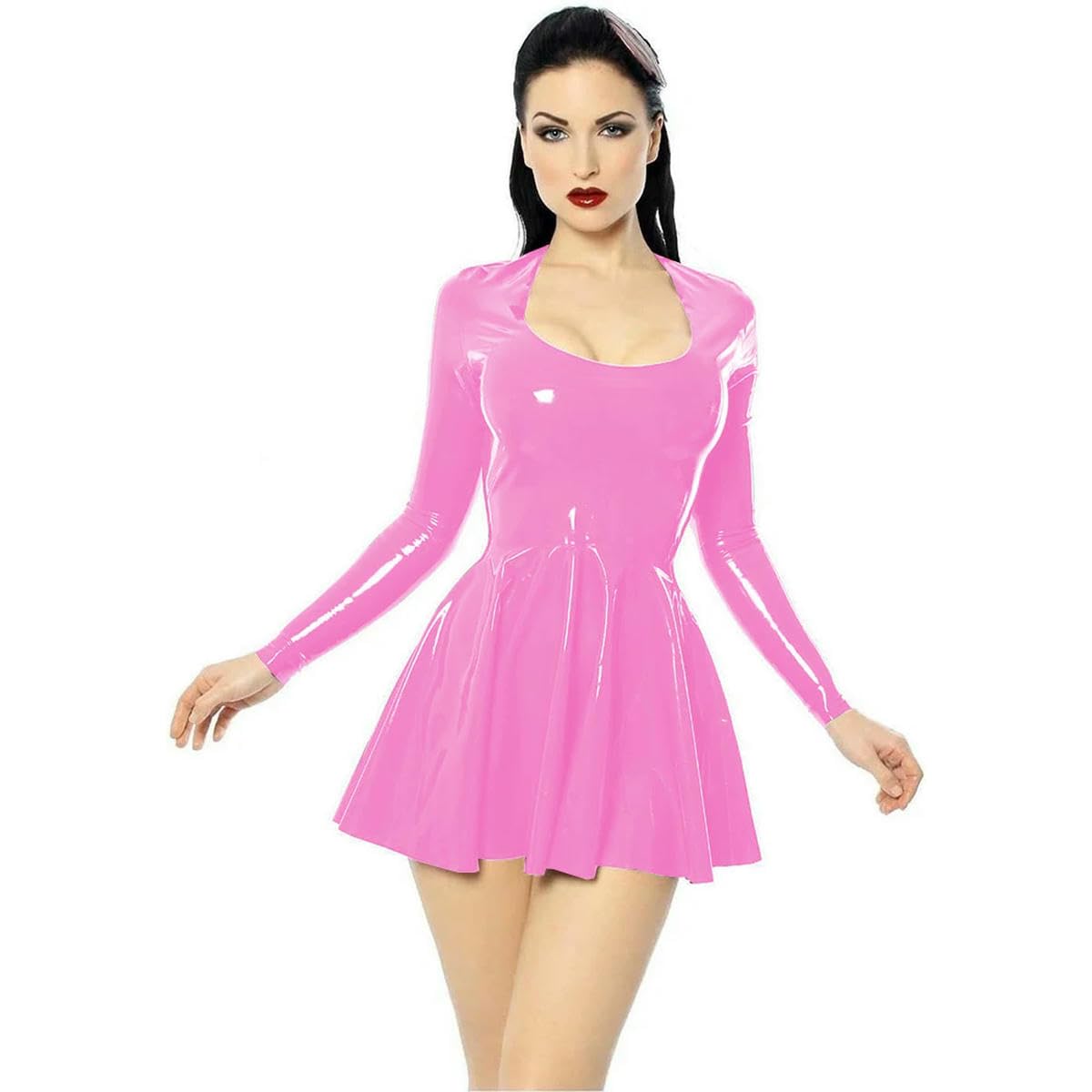 Corte en A, PVC, cuello en U, manga larga, plisado, vestido corto, ropa de cuero ajustada