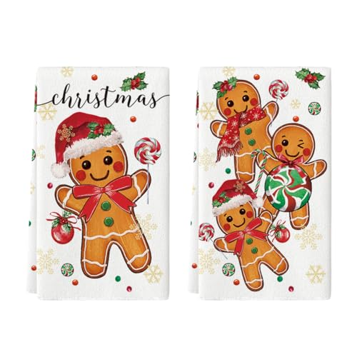Artoid Mode Gingerbread Candy Christmas Kitchen Towels Dish Towels 18x26 Inch Holiday Holly Xmas Ball Winter Decoration Hand Towels Set of 2