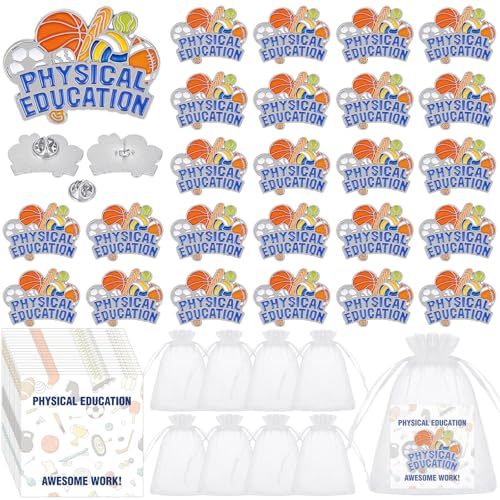 Image of Liliaafar 30 Pcs Physical Education Lapel Pins Award Team Sports Spirit Pins Cards Bulk for Athletes, Coaches, Graduation Gifts for Students