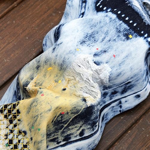 Men's Distressed Classic Patches Jeans Destroyed Straight Leg Male Jean Zipper Deco Washed Denim Pants4