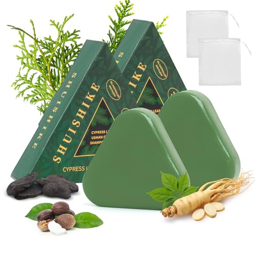 Nature Seven Green Soap Champú, Triangle Shampoo Bar, champú sólido con hojas de ciprés y hierba Usman para el crecimiento del cabello, fortalecimiento, densificación y volumen