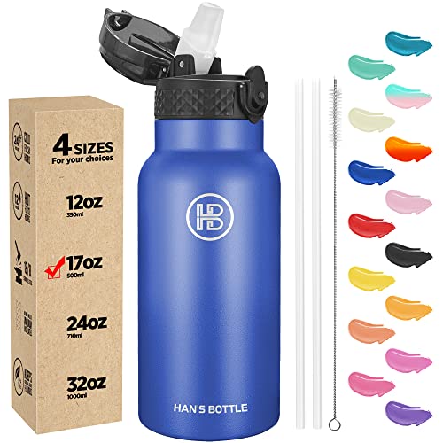 Image of Han's Bottle Kids Water Bottle with Straw Lid - Insulated Stainless Steel Reusable Tumbler for Girls,Boys,Thermo Mug,17oz,Navy Blue