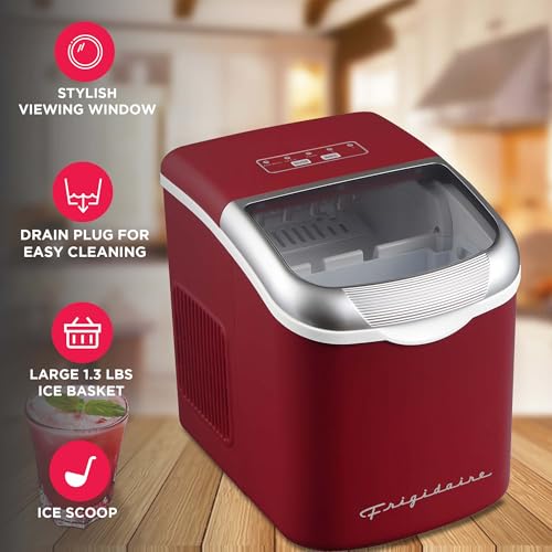 Image of FRIGIDAIRE Retro Compact Ice Maker Machine, Bullet Ice, 26 lb per Day (MerlotRed)