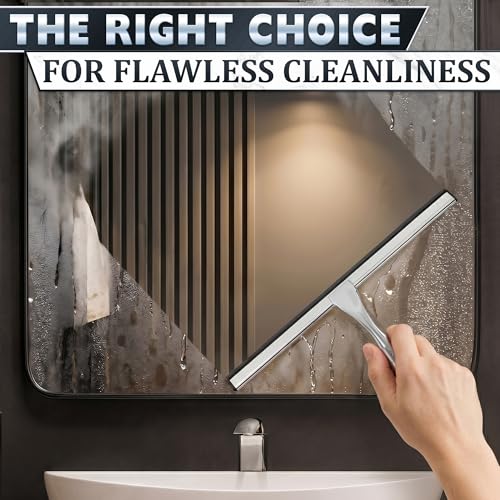 Image of Shower Door Squeegee with Hook - 14 inch Silicone Blade, Stainless Steel Squeegee for Shower Glass with Adhesive Mount - All-Purpose Bathroom Tile, Mirror, & Window Wiper for Streak-Free Cleaning (Silver)