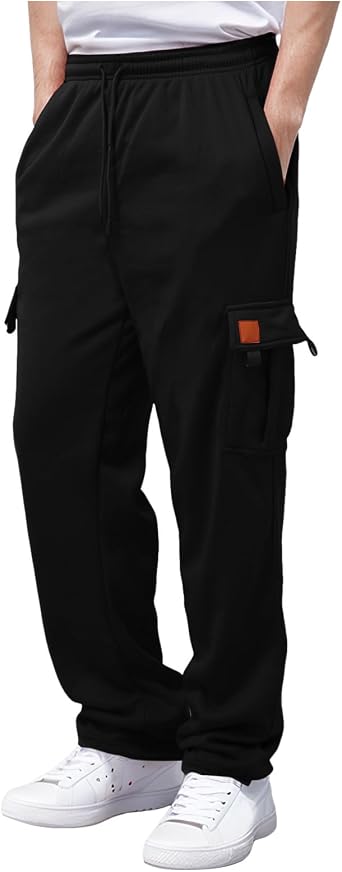 Mens Heavyweight Cargo Fleece Sweatpants Stretch Elastic Waist Trousers Drawstring Loose Fit Joggers with Pockets