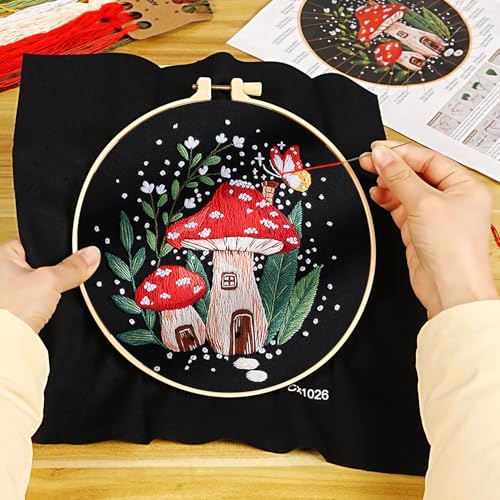 Image of KESTAR Embroidery Starter Kit, Mushroom Butterfly Embroidery Kit for Adults Beginners, Cross Stitch Kits with Embroidery Cloth Hoops Needles Instruction and Threader
