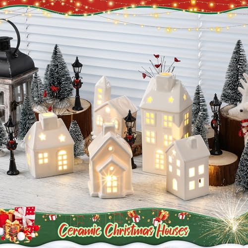 WinnerWhy 24 Pcs Christmas Village House LED Lighted Village Set Mini Christmas Tree Ceramic House Streetlight Branches Winter Accessories Ornament for Xmas Desktop Decor(5 Style)