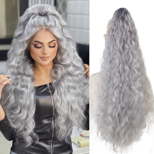 Image of Claw Clip Ponytail Extension 26In Long Wavy Curly Hair, Ligth Grey