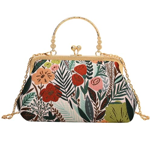 Image of Women Vintage Flower Embroidery Handbag Evening Purse Crossbody Shoulder Bag with Chain Strap