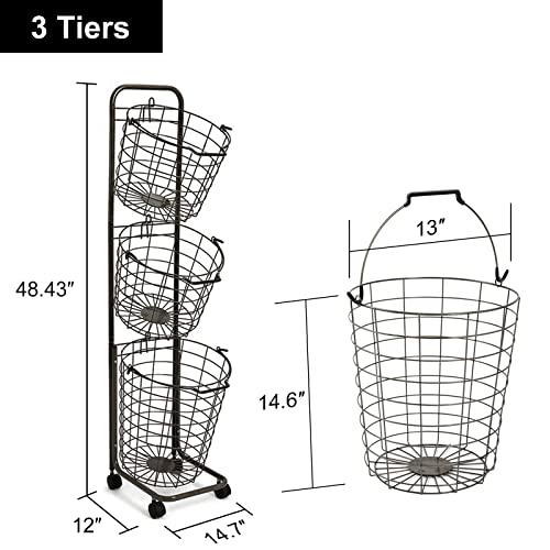 Ganggend 3-Tier Laundry Basket with Lockable Wheels, Wire Laundry Hamper with Rubber Handle Laundry Cart Storage Rolling Hamper for Organizing Clothes Black