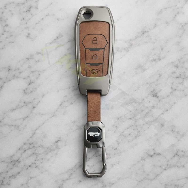 Image of Metal Leather Brown Key Cover Compatible for Ford - Figo, Aspire, Endeavour (3 Button Flip Key)