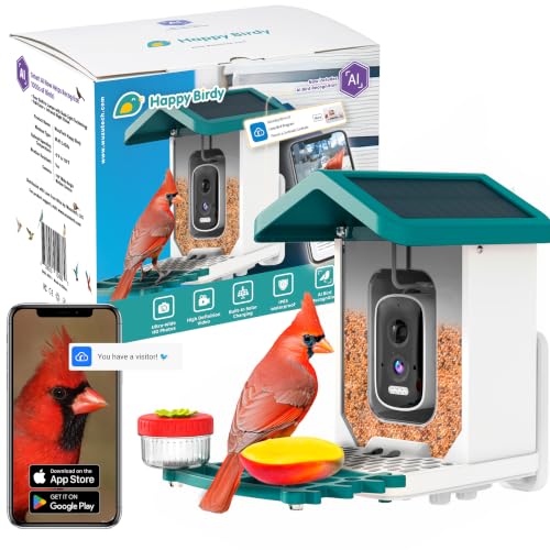 Happy Birdy Smart Bird Feeder with Camera - 2.5K HD Video Wild Bird Feeder with Wall Mount & Pole Strap Kit Free AI App IDs 10K+ Birds Solar Power Panels Infrared Night Vision Weatherproof IP67