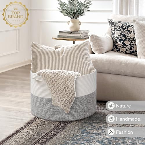 Image of INDRESSME Large Blanket Basket, Laundry Toy Storage Baskets, Decorative Woven Basket for Living Room & Nursery, Baskets for Gifts Empty, Laundry, Dog Toys, Towels, Light Grey, 19.7 inch D x 12.6 inch H
