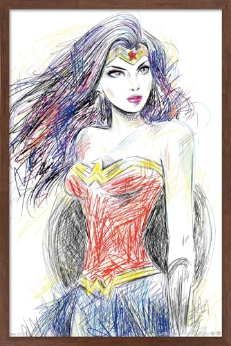 Affiche murale esquisse Wonder Woman DC Comics version encadrée acajou 37,4 x 56,8 cm