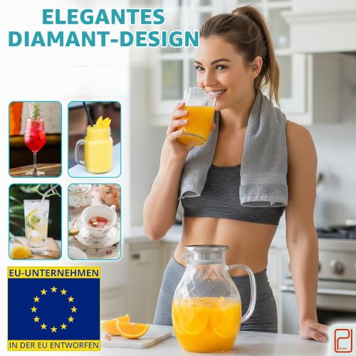 Glaskaraffe mit Deckel 2 Liter, Wasserkaraffe mit Auslauf | Eistee Krug, Saft Krug, Borosilikatglas für Hausgemachte Getränke/Eistee/Milch/… – Ansicht 5