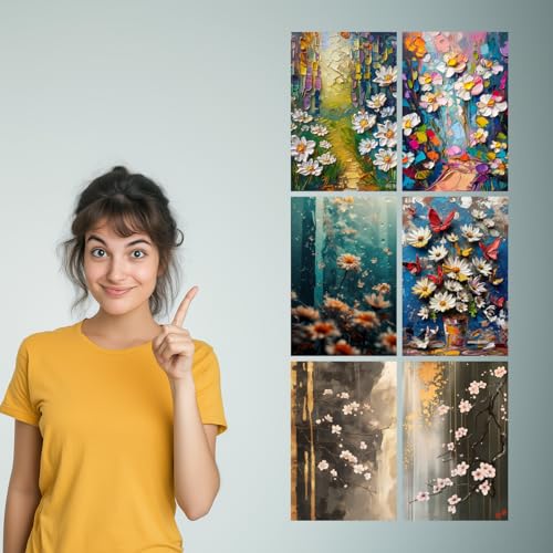 Image of SiddArtify Palette Knife Floral - Daisies Butterflies & Cherry Blossoms - 300GSM Board - 8x12 Inch - Pack of 6 Wall Room Decoration art Poster Prints