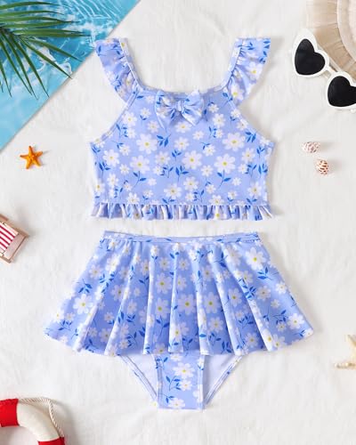 Image of Saeaby Toddler Little Girls Swimsuit Summer Halter Ruched Tankini 2 Piece Bathing Suit for Girl Beach Swimwear 3-8Y