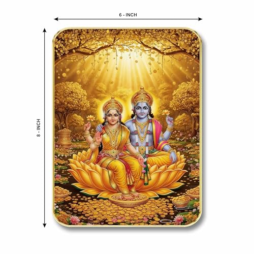 Image of SAF Lakshmi Narayan Wall Art with Table Top Stand & Wall Hanging Hole | Vishnu Lakshmi Kamal MDF Religious Painting for Home Mandir Vastu Decor