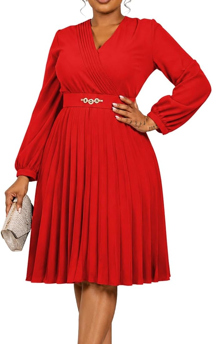 Midi Dress for Women Elegance Church Dress Fashion High Waist Business Casual Dress Cocktail with Belt