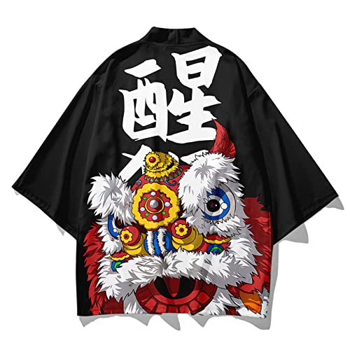 Image of DOSLAVIDA Men's Japanese Kimono Jacket Set Stylish Open Front Coat With Shorts Chinese Style Printed Cardigan Suit
