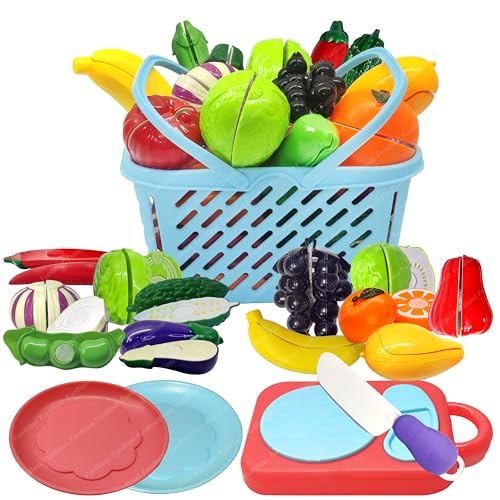Image of FunBlast Fruits and Vegetables Play Set Toys, Realistic Sliceable Cutting Pretend Play Kitchen Toys for Kids, Play Food Toys, Fruit Vegetable Toys, Chopping Board with Knife and Basket (16 Pieces)