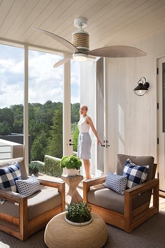 Hinkley Marin 60" Indoor/Outdoor Smart Ceiling Fan with Light + Remote - Decorative Nautical Rope-Wrapped Motor Housing, Damp-Rated, Composite Fan Blades, Integrated LED - Matte White - Image 5