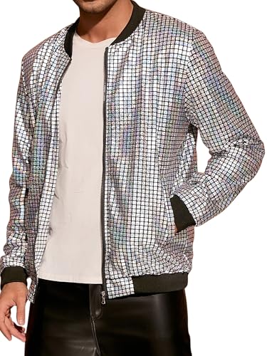 Lars Amadeus 70s Disco Varsity Jackets for Men's Zipper Party Shiny Holographic Metallic Bomber Jackets