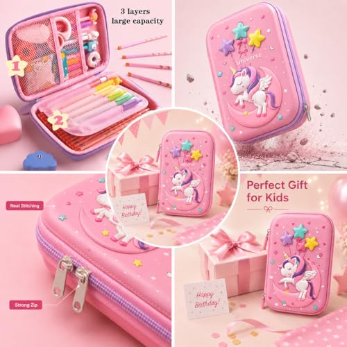 Image of Goyal's Unicorn 3D EVA Hard Shell Pencil Pouch for Girls, Double Layer Geometry Box & Pencil Case, Large Capacity Waterproof Stationery Organizer with Zipper for Kids School Students