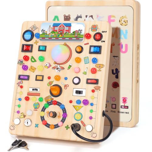 Image of Busy Board with 19 LED Light Switches, Montessori Toys for 1 2 3 Years Old, Wooden Sensory Board, Toddlers Activity Travel Toys for 1 2 3 Year Old Boy & Girl Birthday Gift (Big School)
