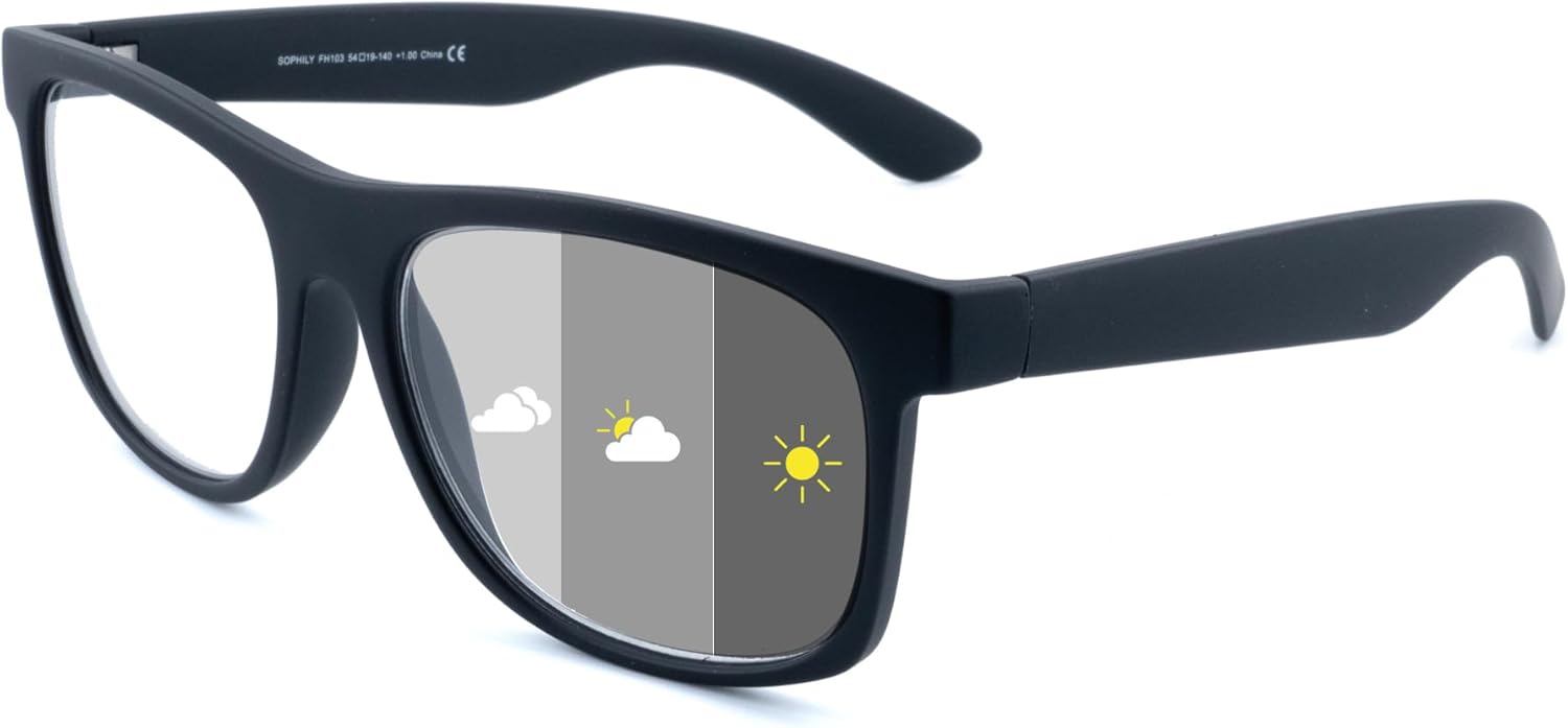 SOPHILY Photochromic Reading Glasses for Women Men, Womens Mens Full Reading Sun Glasses Variable Tinted Readers Grey Color Lens Black Frame, +2.0