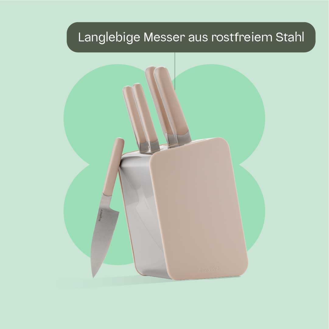 BergHOFF Home Messerblock mit Messer - 6-teilig Messerset mit Block - Küchenmesserset - Küchenmesser scharf - Sand