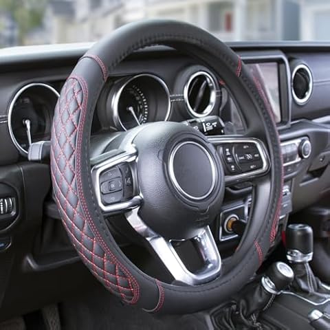 LABBYWAY Custom-Fit for Toyota Steering Wheel Cover,Fine Leather Car Steering Wheel Cover,Non-Slip, Breathable(Black + Red-Standard Size) Cover
