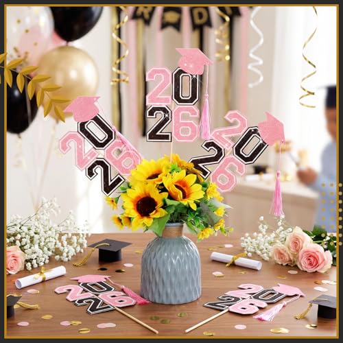 Image of 10 Pcs Graduation Table Centerpieces Sticks with Tassels, class of 2026 Grad Cap Picks Table Decoration Cupcake Toppers for Party Centerpiece Decoration Supplies(Black and Pink)