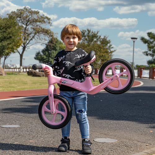KONG MING CAR Toddler Balance Bike 2 Year Old, 12 inch Balance Bicycle for Kids 24 Months to 6 Years, Push Bicycle with Footrest, Adjustable Seat Training Bike for Boys Girls Gift (Pink)