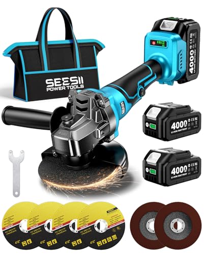 Image of SEESII Angle Grinder Cordless 21V, 9500RPM Battery Grinder Tool, Brushless Motor, 2X 4.0Ah Batteries, Lightweight Design, 4-1 /2 inch Power Electric Grinder Kit for Metal Cutting, Grinding
