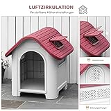 PawHut Hundehütte Outdoor, Hundehaus mit Dachluke Tor Unterschlupf, wasserdichte Hundehöhle mit Luftzirkulation Hütte für kleine Hunde, draußen Rot+Hellgrau 59 x 75 x 66 cm