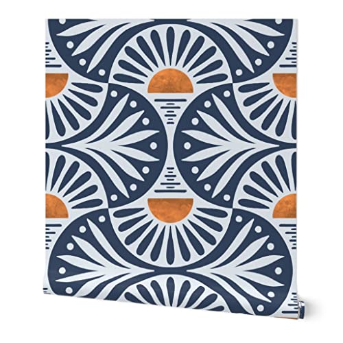 Peel & Stick Wallpaper Swatch - Bold Abstract Dark Blue Orange Leaves Botanical Modern Deco Custom Removable Wallpaper by Spoonflower
