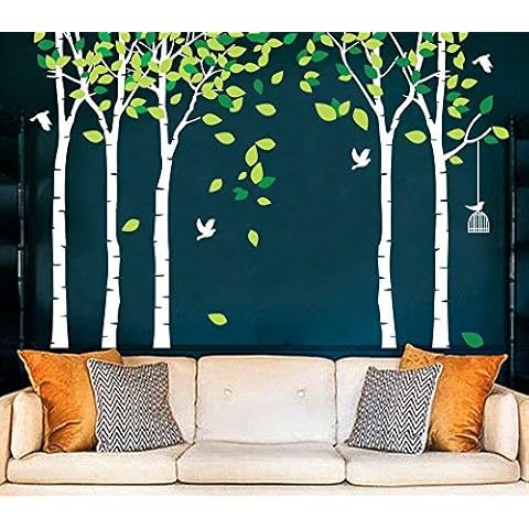 MAFENT Large 5 Birch Tree Wall Sticker Birds Wall Art Mural for Nursery Kid Bedroom Living Room Decor (White) Cover