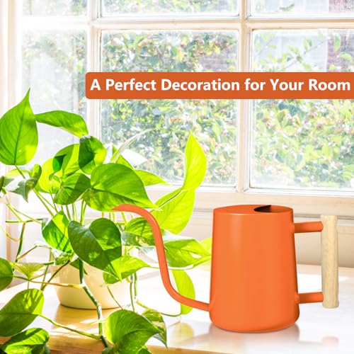 Image of Watering Can Indoor Plants, 35oz Small Stainless Steel Metal Watering Can Modern Decorative Watering Pot with Long Spout for Indoor House Plant Bonsai Garden Flowers (Orange)