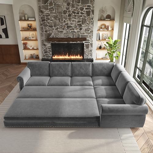 Image of KEIKI 118 inch Convertible Sofa Bed L-Shaped Sectional, King Sleeper Bed Sofa with Rolled Arm and Nailhead Trim, Chenille Upholstered Chesterfield Sofa, Light Gray