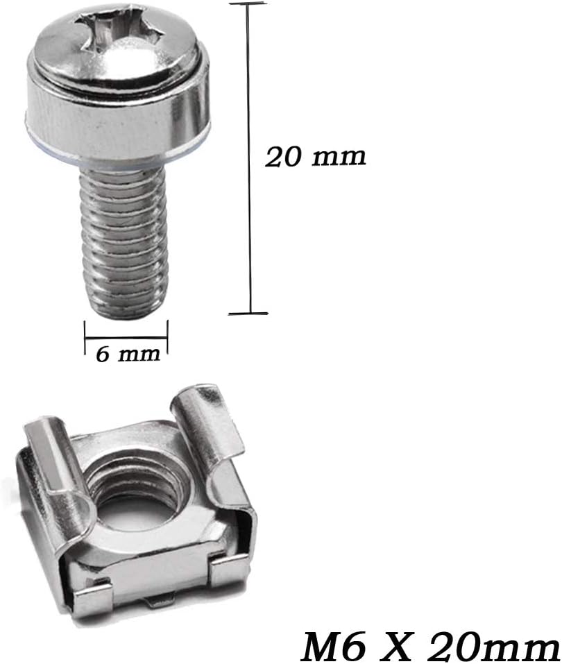 100 Sets M6 Square Hole Hardware Cage Nuts & Mounting Screws Washers for Server Rack and Cabinet (M6 X 20mm)(Screw+Washer+cage nut)