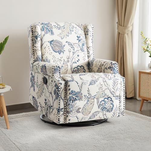 Image of Swivel Rocker Recliner Chair, 360 Swivel Wingback Recliner Chairs for Adults, Upholstered Printed Fabric Glider Rocking Chair with High Back, Deep Seat for Living Romm Bedroom, Plants Blue