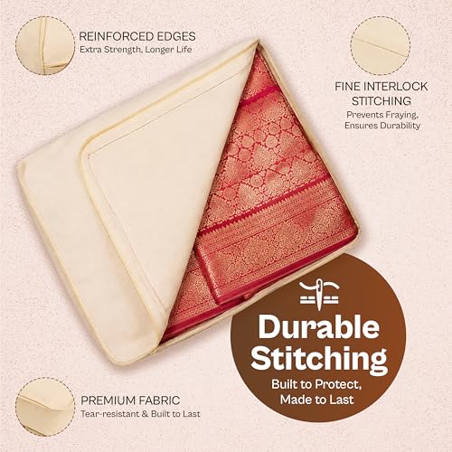 Image of JD FRESH 2 Pcs Cotton Saree Cover for Wardrobe /Space Saving Bag with Zip Closure & Big Transparent Window /Wardrobe-Cupboard Organizer for Clothes /Bedsheets /Lehengas (17 X 14 x 7 Inch, Off White)
