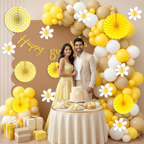 Image of Party Propz Sunshine & Floral Theme Happy Birthday Decoration Kit for Girls - 42 Pcs Birthday Decoration Kit for Kids, Baby Boy with Birthday Banner, Balloons, Yellow Paper Fans & Flower (Cardstock)