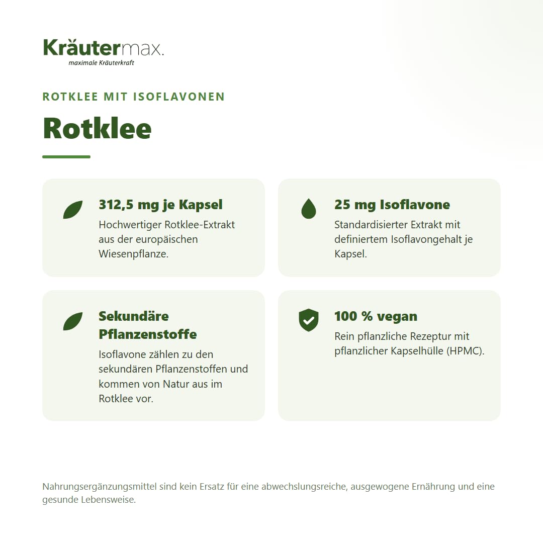 Kräutermax Rotklee Kapseln Hochdosiert mit Isoflavone, Optimale Ergänzung zu Rotklee Tee, 60 Kapseln