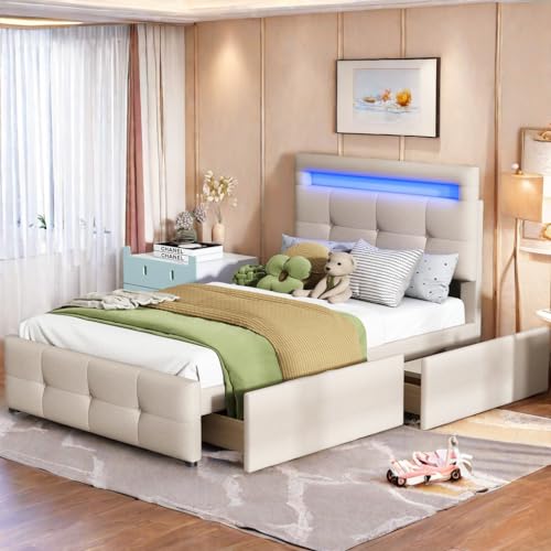 Sapgaks Cama de 90 x 200 con Luces LED, Cama tapizada de 90 x 200 cm con Espacio de Almacenamiento, con 2 Compartimentos y cabecero, Cama Individual con Cabecero Ajustable, Cama de Invitados, Beige