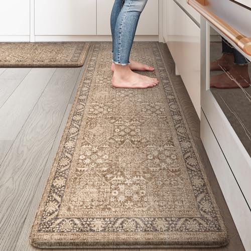 Kimode Farmhouse Anti Fatigue Kitchen Mat, 17 Inchx59 Inch+17 Inchx29 Inch Vintage Kitchen Rugs, Waterproof Kitchen Floor Mats Non Slip cover